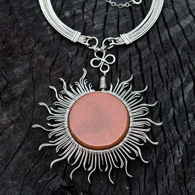 Goldstone statement necklace, 'Rays of the Sun' - Stainless Steel Goldstone Statement Necklace from Brazil