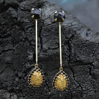 Gold plated golden grass dangle earrings, 'Long Jalapão Nights' - 18k Gold Plated Golden Grass Long Earrings with Black Glass