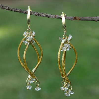 Gold plated golden grass and quartz chandelier earrings, Natural Chimes