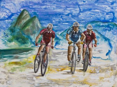 'Cyclists in Leblon' - Signed Oil Impressionist Painting of Cyclists from Brazil