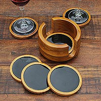 Agate and cedar wood coasters, 'Nocturnal Wisdom' (set of 6) - Set of 6 Black Agate and Cedar Wood Coasters with Stand