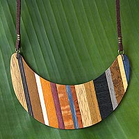 Wood pendant necklace, 'Striped Crescent Moon' - Crescent Shaped Wood Pendant Necklace from Brazil