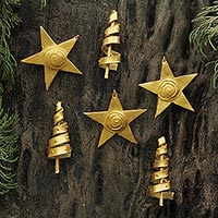 Leather ornaments Golden Stars and Trees set of 6 Brazil