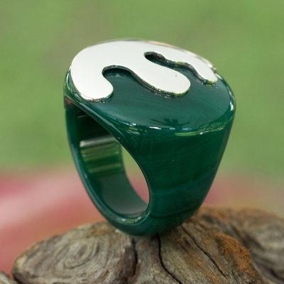 Green Agate and Sterling Silver Signet Ring from Brazil