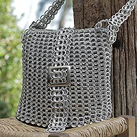 Recycled soda pop-top sling bag, 'Chainmail Strength' - Silver Recycled Soda Pop Top Sling Bag from Brazil