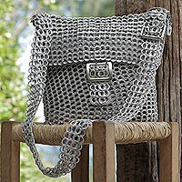 Recycled soda pop-top sling bag, 'Chainmail Beauty' - Silver Recycled Soda Pop Top Sling Bag from Brazil