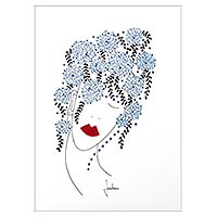 'Blue Floral Head' - Signed Painting of a Woman with Floral Hair from Brazil