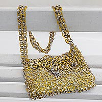 Soda pop-top shoulder bag, 'Shimmery Yellow' - Handcrafted Aluminum Soda Pop-Top Shoulder Bag from Brazil
