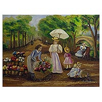 'Flower Vendor' - Romantic Impressionist Painting of a Park in Olden Days