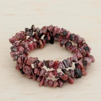 Rhodonite beaded stretch bracelets, 'Naturally Enchanting' (set of 3) - Three Rhodonite Beaded Stretch Bracelets from Brazil