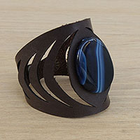 Agate wristband bracelet, 'Azure Eye' - Agate and Leather Wristband Bracelet in Blue from Brazil