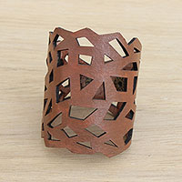 Leather wristband bracelet, 'Brazilian Geometry in Nutmeg' - Geometric Leather Wristband Bracelet in Nutmeg from Brazil