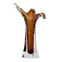 Handblown art glass vase, 'Earthen Splash' - Handblown Art Glass Decorative Vase in Brown from Brazil