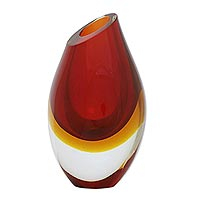 Art glass decorative vase, 'Fiery Droplet' - Red-Orange Murano-Inspired Art Glass Decorative Vase