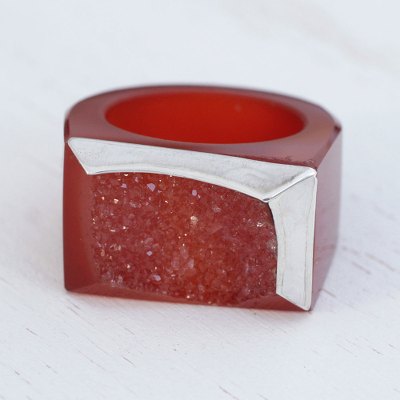 Caramel Agate Statement Ring with Sterling Silver Accent
