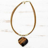 Gold plated tigers eye and golden grass statement necklace, Smolder