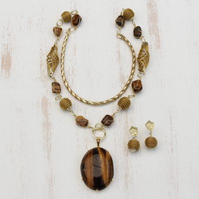 Gold plated tigers eye and golden grass jewelry set, Earth Lode