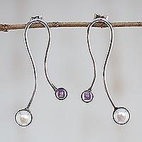 Amethyst and cultured pearl drop earrings,