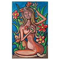 'Woman Cares for Her Garden' - Signed Expressionist Painting of a Nude Woman with Flowers