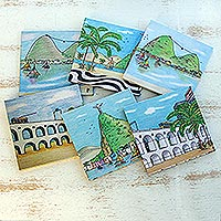 Wood coasters, 'Take Me to Rio' (set of 6) - Handcrafted Wood Magnetic Coasters from Brazil (Set of 6)