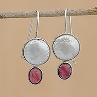 Cultured pearl and garnet drop earrings,