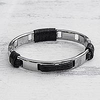 Leather and stainless steel bangle bracelet,