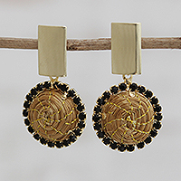 Gold plated golden grass dangle earrings, 'Dark Rings' - Circular Gold Plated Golden Grass Dangle Earrings
