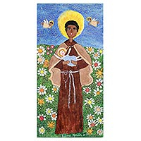 'Saint Benedict' - Signed Folk Art Painting of Saint Benedict from Brazil