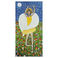 'The Angel Dances in the Cerrado' - Signed Naif Painting of an Angel in a Yellow Dress