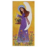 'Angel, Birds, and Flowers' - Signed Naif Painting of an Angel in a Purple Dress