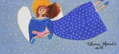 'The World in Blue' - Signed Naif Painting of an Angel in a Blue Dress from Brazil