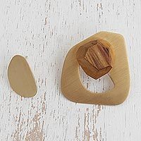 Gold plate and wood button earrings,