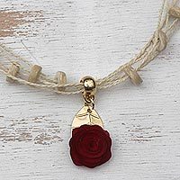 Gold accent wood pendant necklace- ’Burgundy Flower’ (Brazil) Gold accent wood pendant necklace- ’Burgundy Flower’ (Brazil)