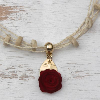 Gold accented wood pendant necklace, Burgundy Flower