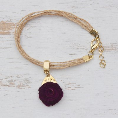 Gold accent wood charm bracelet, Burgundy Flower