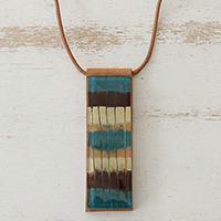 Art glass and leather pendant necklace, 'Horizon Threads' - Striped Glass and Leather Pendant Necklace from Brazil