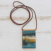 Glass and leather pendant necklace, 'Guanabara Bay' - Handcrafted Glass Pendant Necklace in Blue from Brazil