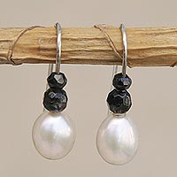 Cultured pearl and agate beaded drop earrings, 'White and Black' - Cultured Pearl and Black Agate Beaded Drop Earrings