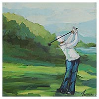 'Golfer I' - Impressionist Painting of a Golfer in White from Brazil