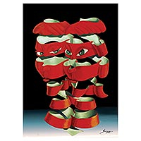 Giclee print, 'Masks' - Signed Surrealist Print of a Couple in Red from Brazil