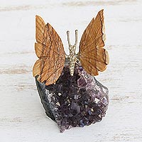 Jasper and amethyst gemstone figurine, 'Earthen Wings' - Jasper and Amethyst Butterfly Gemstone Figurine from Brazil