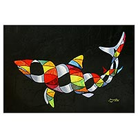 Canvas print, 'Colorful Shark' - Colorful Surrealist Shark-Themed Print from Brazil