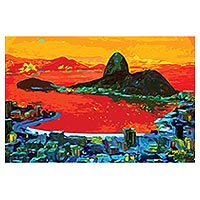 Giclee print on canvas, 'Sugarloaf Hill by Sunset' - Sugarloaf Hill Impressionist Print in Red from Brazil