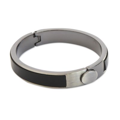 Steel and faux leather bangle bracelet, 'Modern Statement in Black' - Steel and Black Faux Leather Bangle Bracelet from Brazil