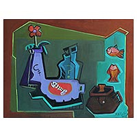 'Refinement II' - Green and Brown Cubist Still Life Painting from Brazil