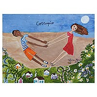 'Corrupio' - Signed Naif Painting of Two Children from Brazil