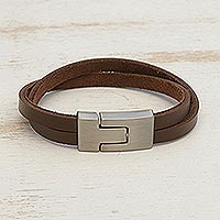 Men's faux leather wristband bracelet, 'In the Mix in Brown' - Men's Brown Faux Leather Brushed Steel Wristband Bracelet