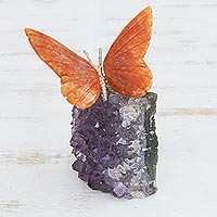Calcite and amethyst gemstone sculpture, 'Orange Wings' - Orange Calcite and Amethyst Butterfly Gemstone Sculpture