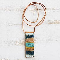 Glass and leather pendant necklace, 'Layers of Ocean' - Blue and Brown Glass and Leather Pendant Necklace
