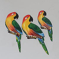 Pinewood wall accents, 'Vibrant Parrots' (set of 3) - Hand-Painted Wood Parrot Wall Adornments (Set of 3)